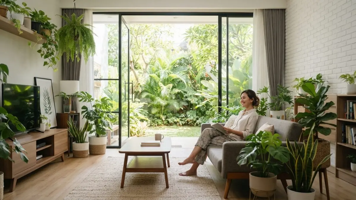 Ruang keluarga dengan tanaman hijau dan ventilasi optimal menghadirkan suasana sejuk sepanjang hari (BTV/AI)