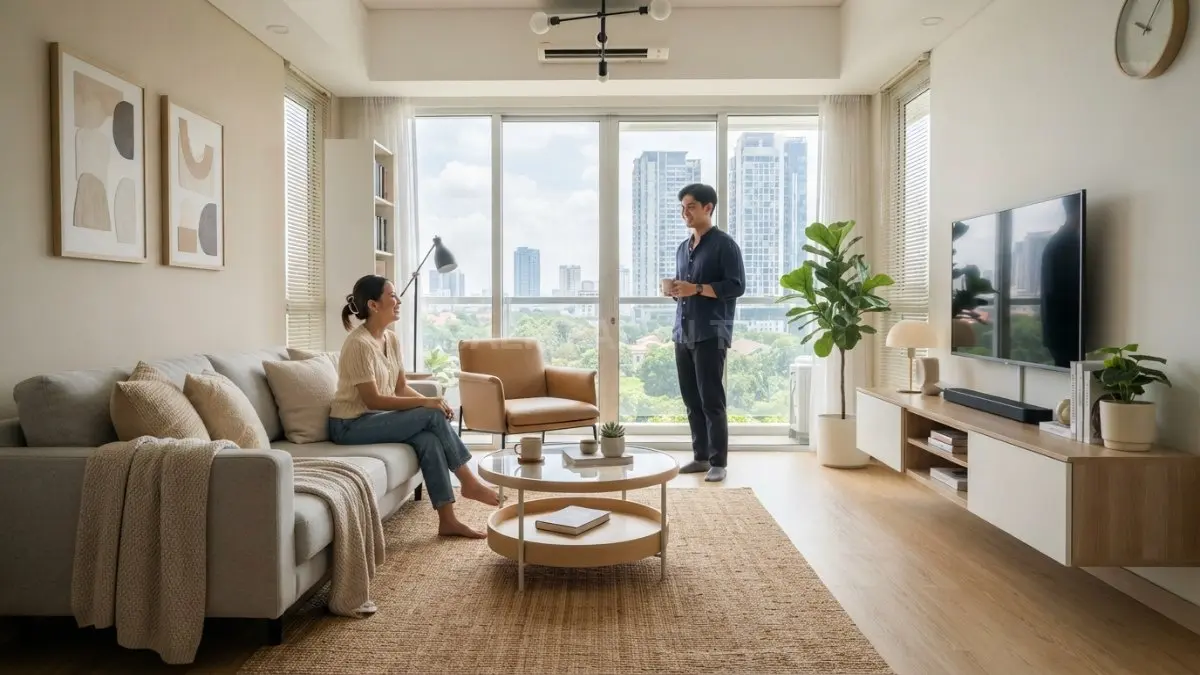 Ruang tamu bergaya minimalis dengan perpaduan warna netral dan aksesori modern yang menciptakan suasana nyaman.