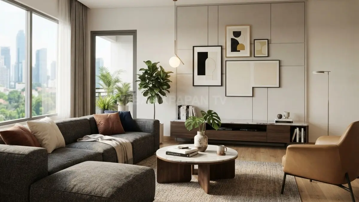 Ruang tamu modern dengan dekorasi dinding dan furnitur yang memiliki ukuran proporsional. (BTV/AI)