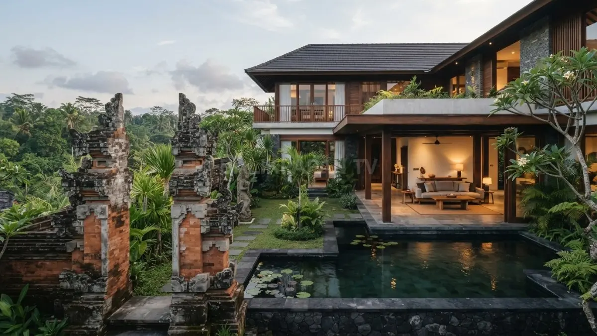 Rumah Bali kontemporer memadukan gapura batu, taman, kolam refleksi, ruang terbuka, dan furnitur modern, menciptakan ketenangan. (BTV/Ai)