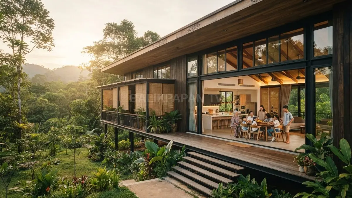 Rumah Bali kontemporer memadukan gapura batu, taman tengah, kolam refleksi, ruang terbuka, dan furnitur modern tenang. (BTV/Ai)