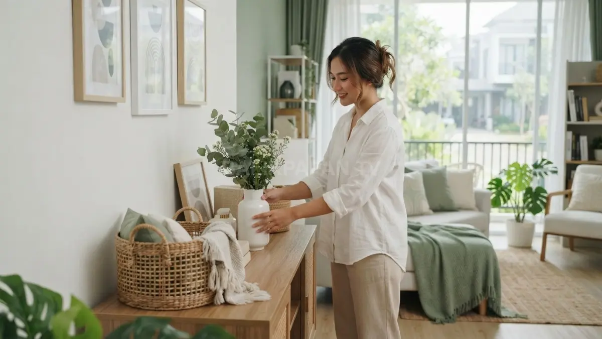 Sentuhan hijau sage bersama warna putih menghadirkan keseimbangan visual yang indah pada interior rumah minimalis (BTV/AI)