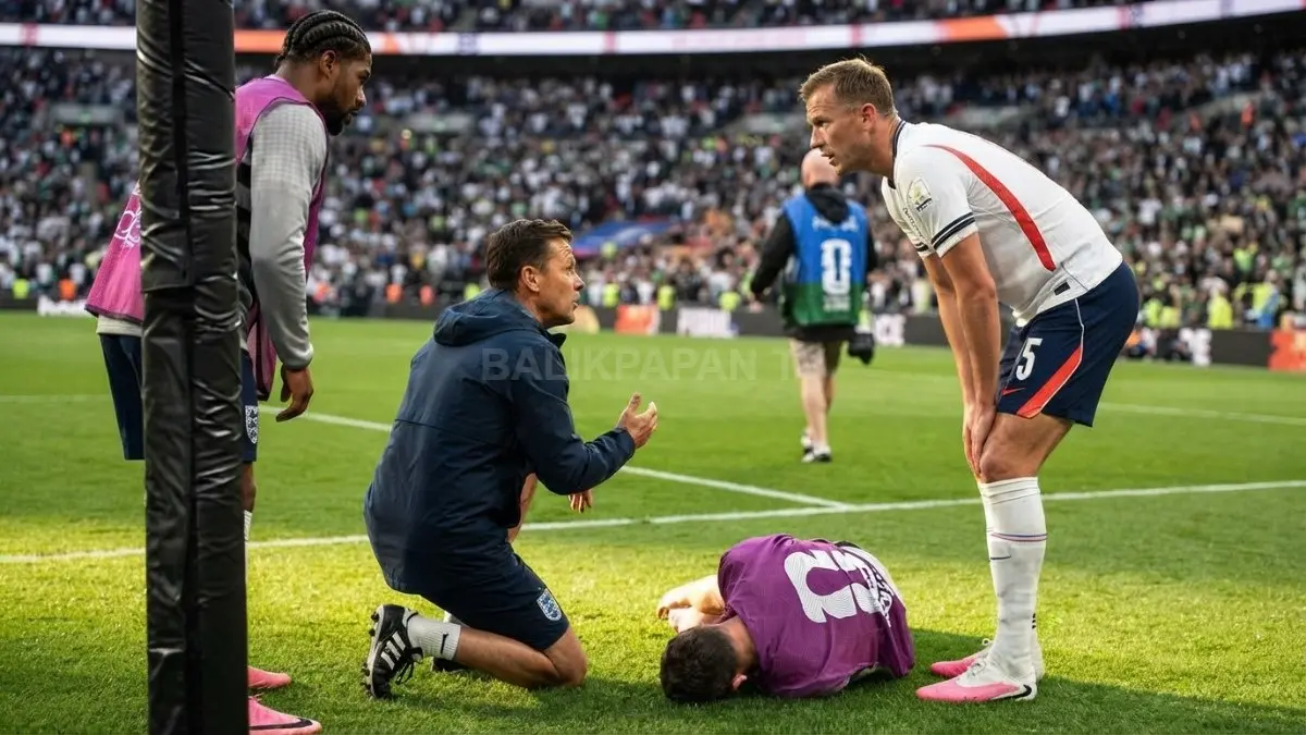 Staf medis memeriksa kondisi Jordan Henderson yang mengalami cedera dalam pertandingan tim nasional Inggris. (BTV/Ai)