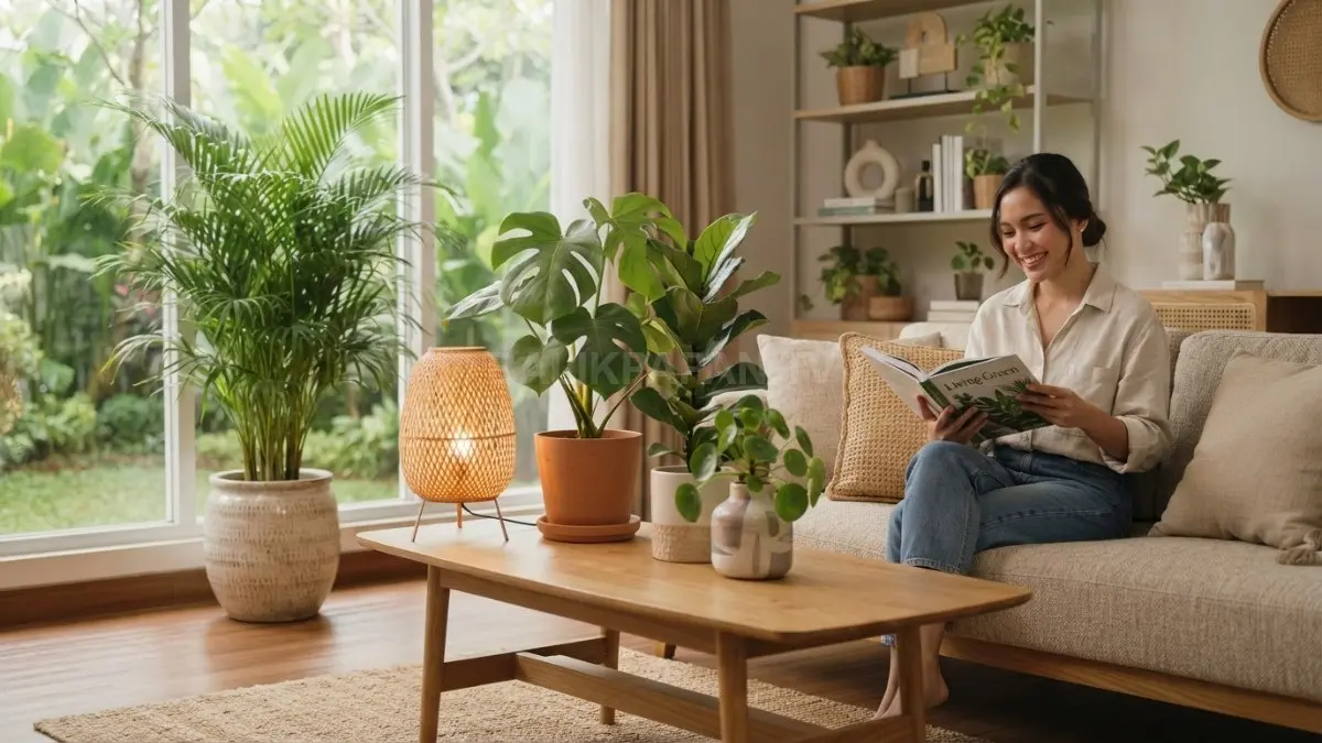 Tanaman hias, lampu dekoratif, dan vas keramik mempercantik interior rumah bergaya natural (BTV/AI)