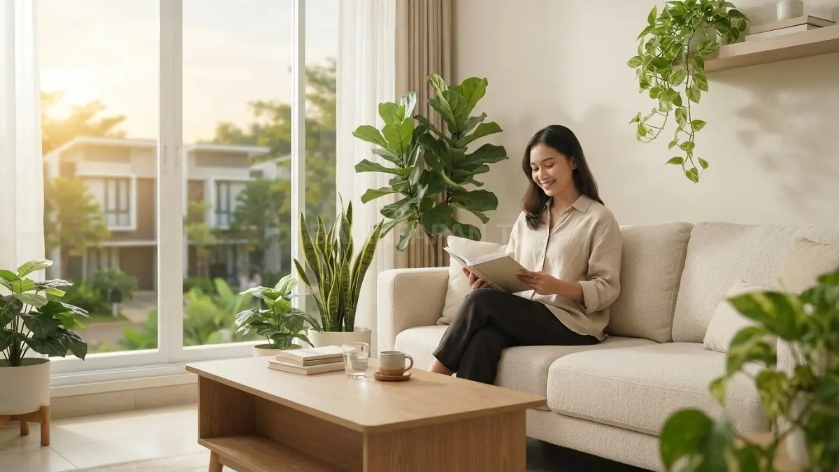 Tanaman hias, pencahayaan alami, dan warna netral menciptakan suasana rumah modern yang nyaman serta menenangkan (BTV/AI)
