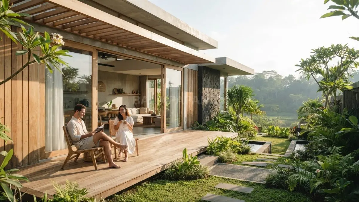 Villa minimalis estetik memadukan taman hijau, teras kayu, pencahayaan alami, kenyamanan, dan nilai investasi jangka panjang. (BTV/AI)

