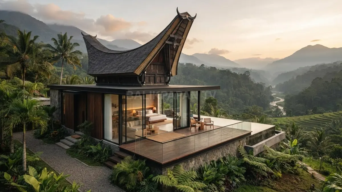 Villa Toraja minimalis memadukan atap ikonik, interior netral, menghadirkan kenyamanan modern untuk resort premium dan glamping. (BTV/Ai)