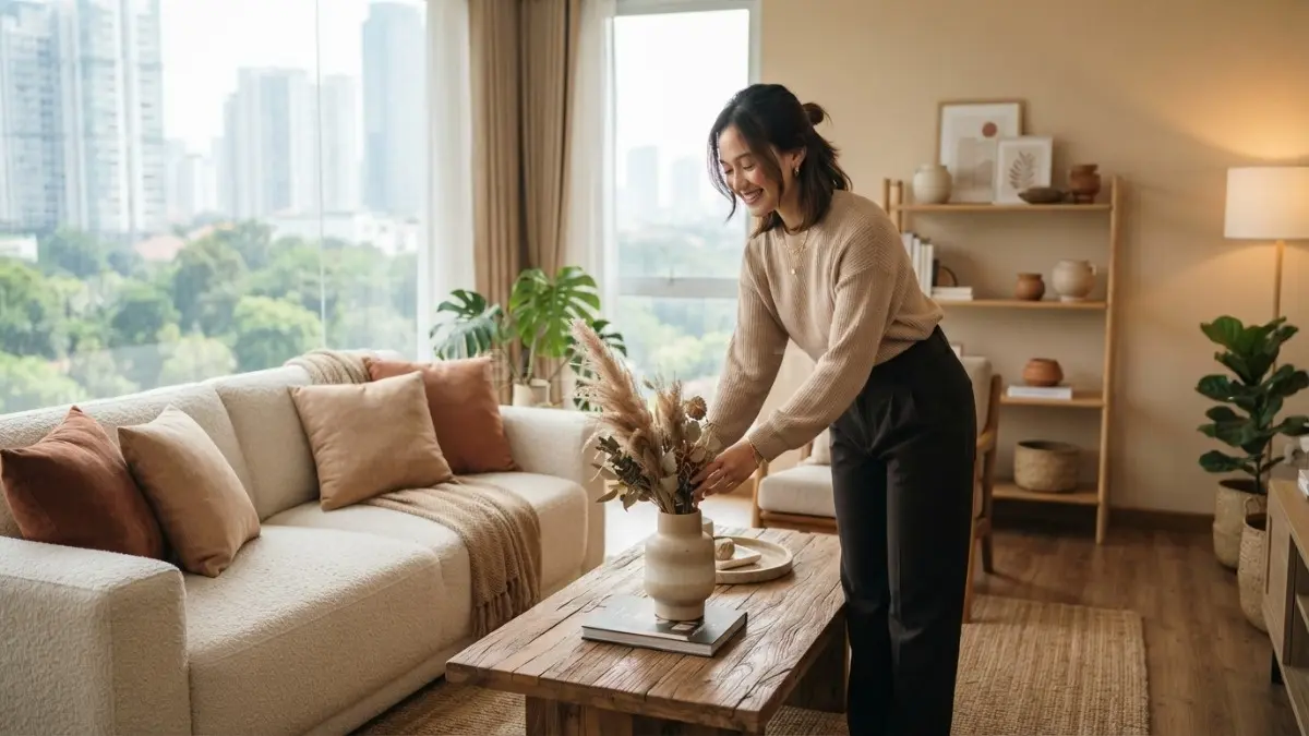 Warna cokelat tanah berpadu krem menciptakan interior nyaman, alami, dan cocok untuk berbagai ruangan rumah (BTV/AI)