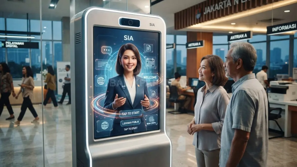 Avatar virtual tiga dimensi menyambut masyarakat di pusat pelayanan publik modern melalui layar digital interaktif, menggambarkan masa depan layanan pemerintah berbasis AI. (BTV/AI)