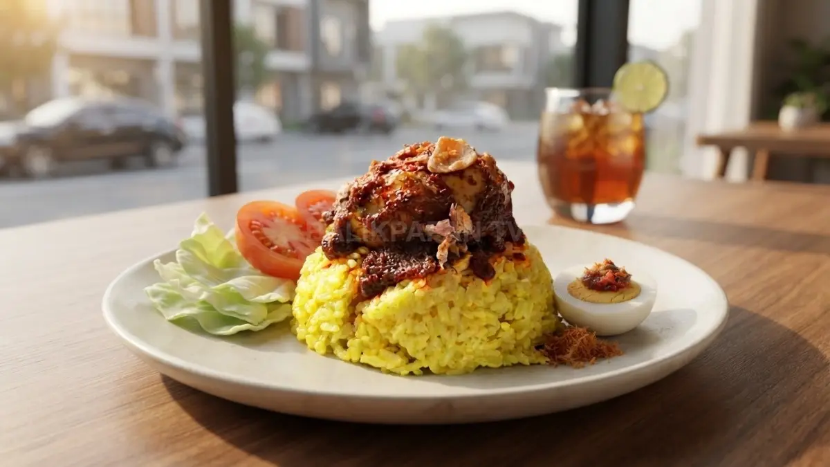 Ayam Masak Habang khas Kalimantan Timur dengan bumbu merah, nasi kuning, dan cita rasa tradisional (BTV/AI)
