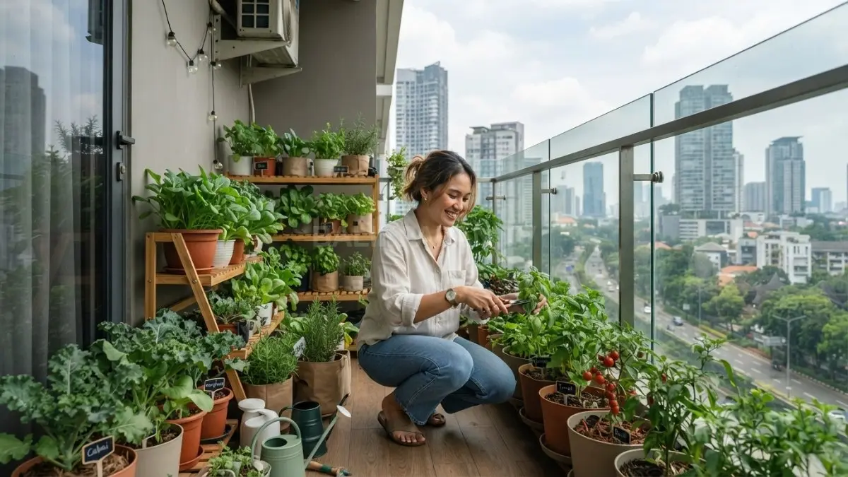 Balkon apartemen disulap menjadi kebun produktif dengan sayuran hijau dan tanaman herbal tertata rapi berkelanjutan. (BTV/AI)