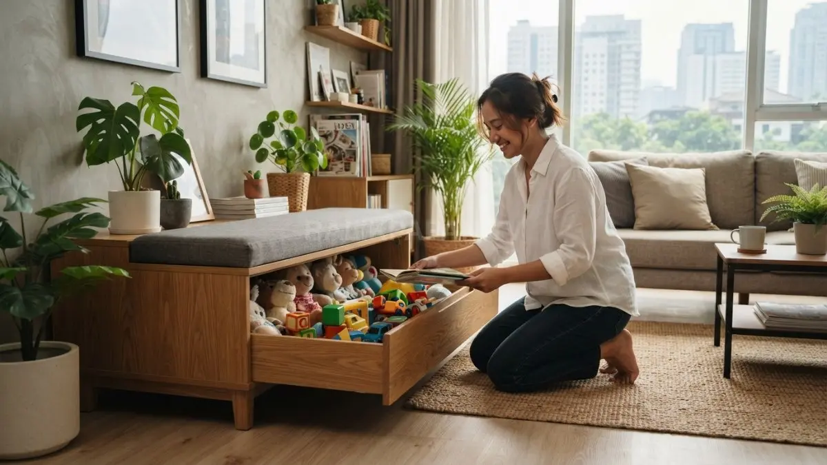 Bangku multifungsi menyimpan berbagai barang sekaligus menjaga ruang keluarga terlihat rapi, nyaman, dan fungsional sepanjang hari (BTV/AI)