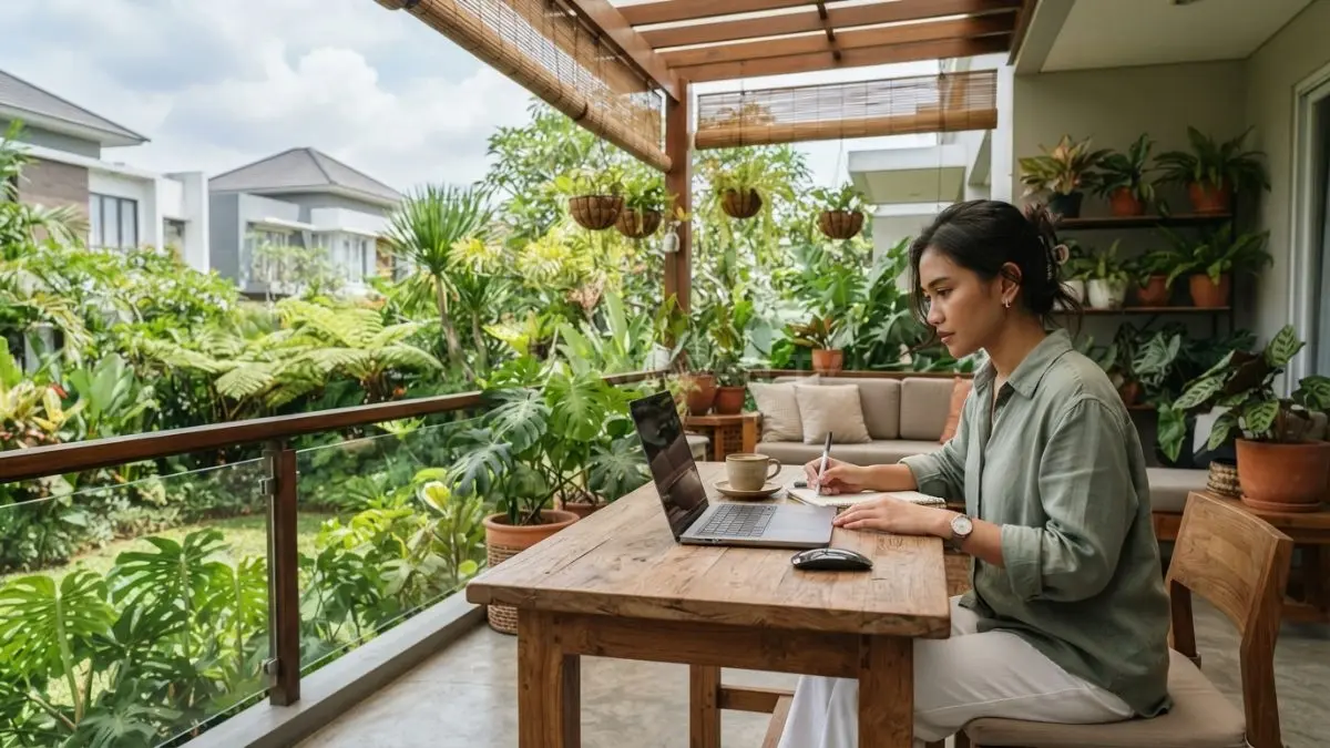 Berikan gambar arsitektur Area teras digunakan sebagai ruang kerja dengan pencahayaan alami dan tanaman hijau yang menyegarkan. (BTV/AI)