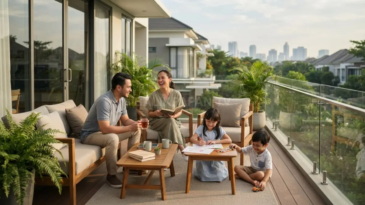 Berikan gambar arsitektur Keluarga menikmati waktu bersama di teras multifungsi yang rapi, nyaman, dan terasa lebih luas. (BTV/AI)