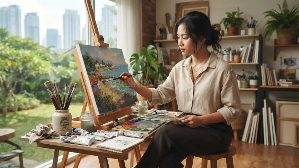 Berikan saya gambar Aktivitas melukis menjadi salah satu hobi kreatif yang membantu meningkatkan fokus dan suasana hati (BTV/AI)