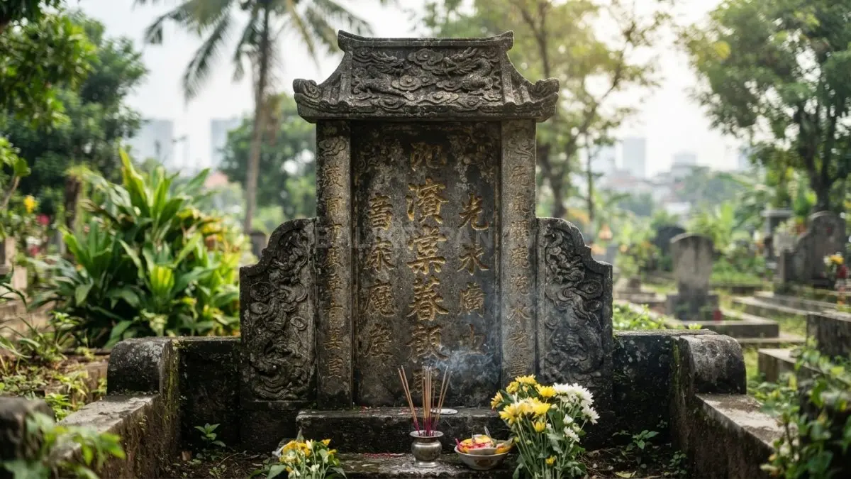 Bongpay menjadi identitas penghuni makam sekaligus penanda silsilah keluarga dalam tradisi Tionghoa. (BTV/AI)