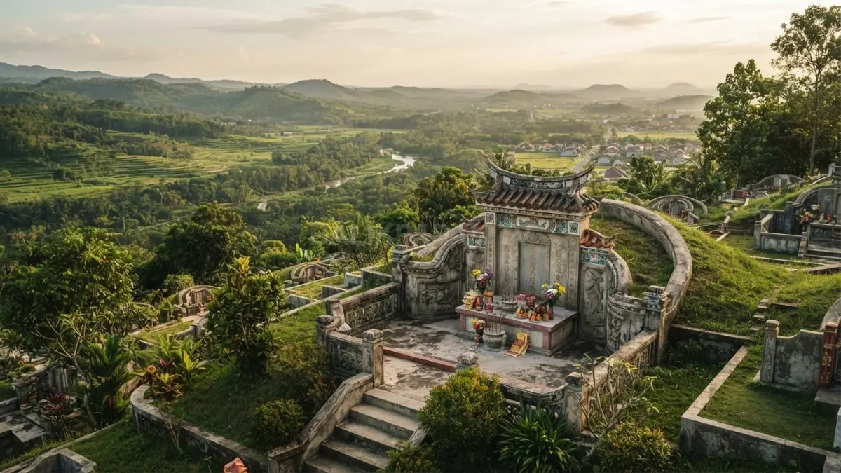 Bukit di belakang dan ruang terbuka di depan dipercaya menciptakan keseimbangan lanskap menurut konsep feng shui klasik. (BTV/AI)