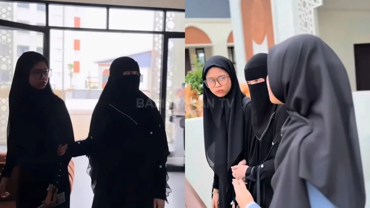Celine Evangelista memeluk putri sulung sebelum memulai pendidikan di pondok pesantren. (BTV/AI)