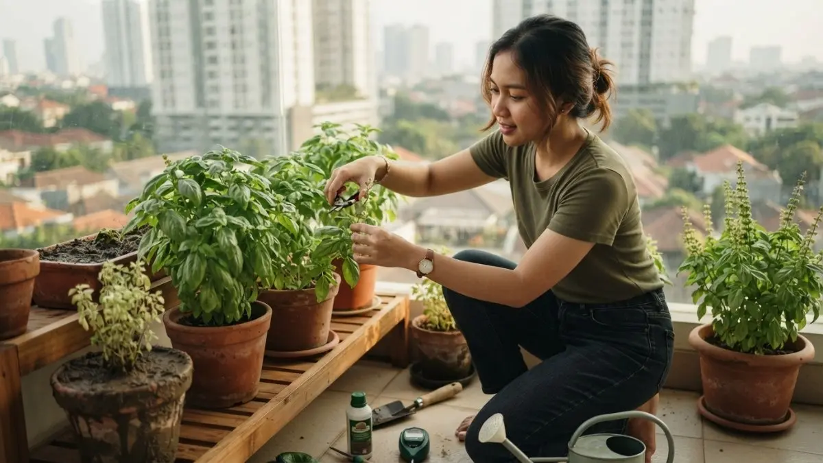 Daun basil tumbuh lebih optimal ketika media tanam memiliki sirkulasi udara dan drainase yang baik selalu (BTV/AI)