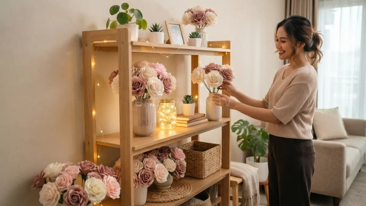 Dekorasi bunga mawar dari tisu dipadukan dengan rak kayu dan lampu hangat mempercantik sudut ruangan. (BTV/AI)