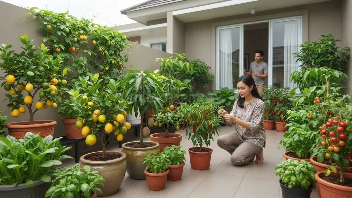 Deretan tabulampot berbuah menghiasi teras rumah, menghadirkan kebun produktif di lahan terbatas (BTV/AI)