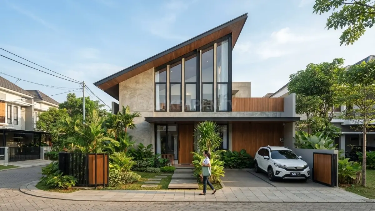 Desain atap miring dengan jendela tinggi menghadirkan hunian modern yang terang, elegan, dan hemat pencahayaan alami (BTV/AI)