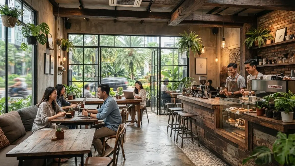 Desain kafe rustic modern menghadirkan suasana hangat, estetik, nyaman, menarik pelanggan berbagai kalangan sepanjang hari. (BTV/AI)