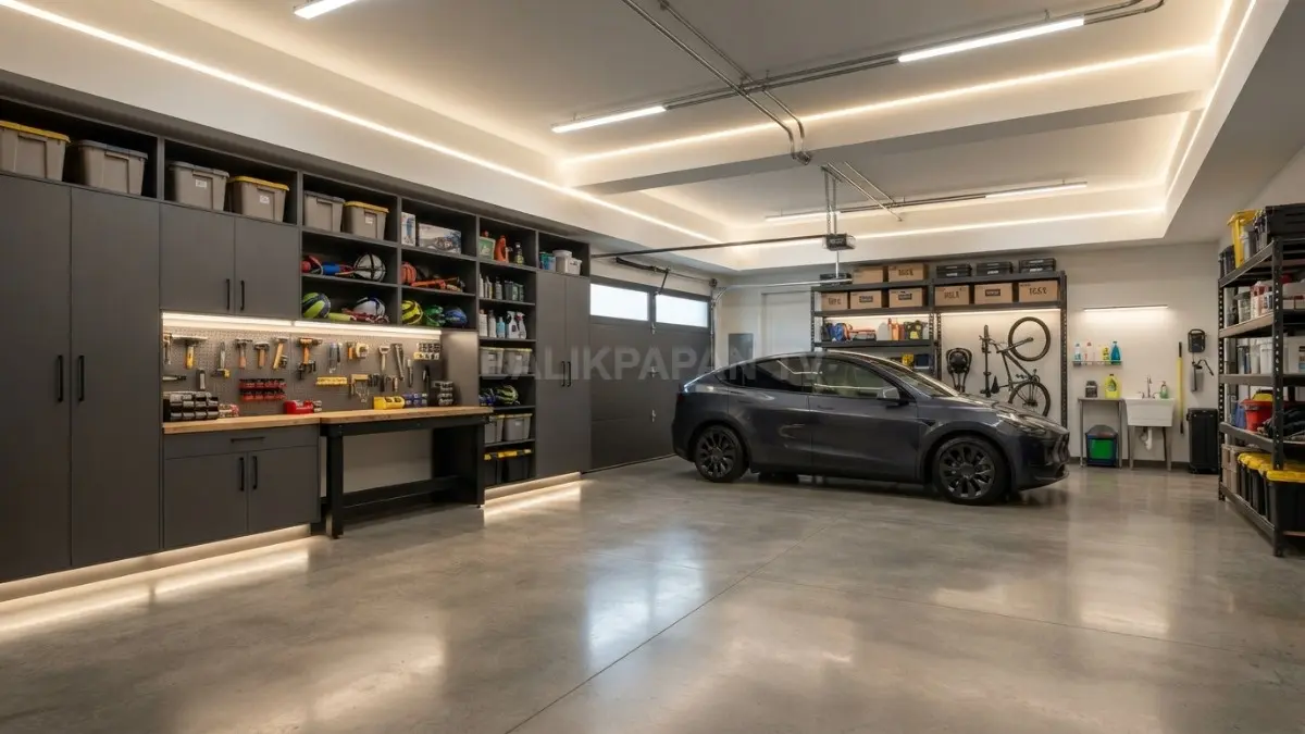 Garasi modern dengan LED putih, kabinet tertutup, dan penyimpanan multifungsi rapi menciptakan ruang luas estetis (BTV/AI)