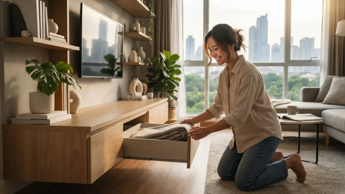 Hidden storage dirancang sesuai kebutuhan, ukuran ruangan, dan material agar fungsional serta nyaman digunakan jangka panjang (BTV/AI)