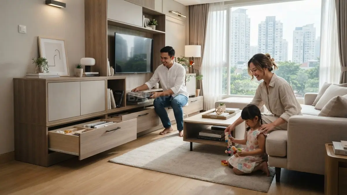 Hidden storage pada ruang keluarga menghadirkan rumah rapi dengan furnitur multifungsi yang modern. (BTV/AI)