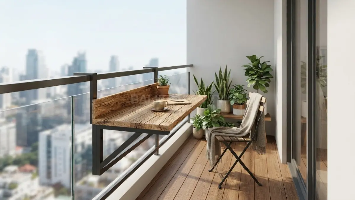 Inspirasi tata balkon apartemen minimalis menggunakan meja gantung kayu yang hemat tempat dan rapi. (BTV/Ai)