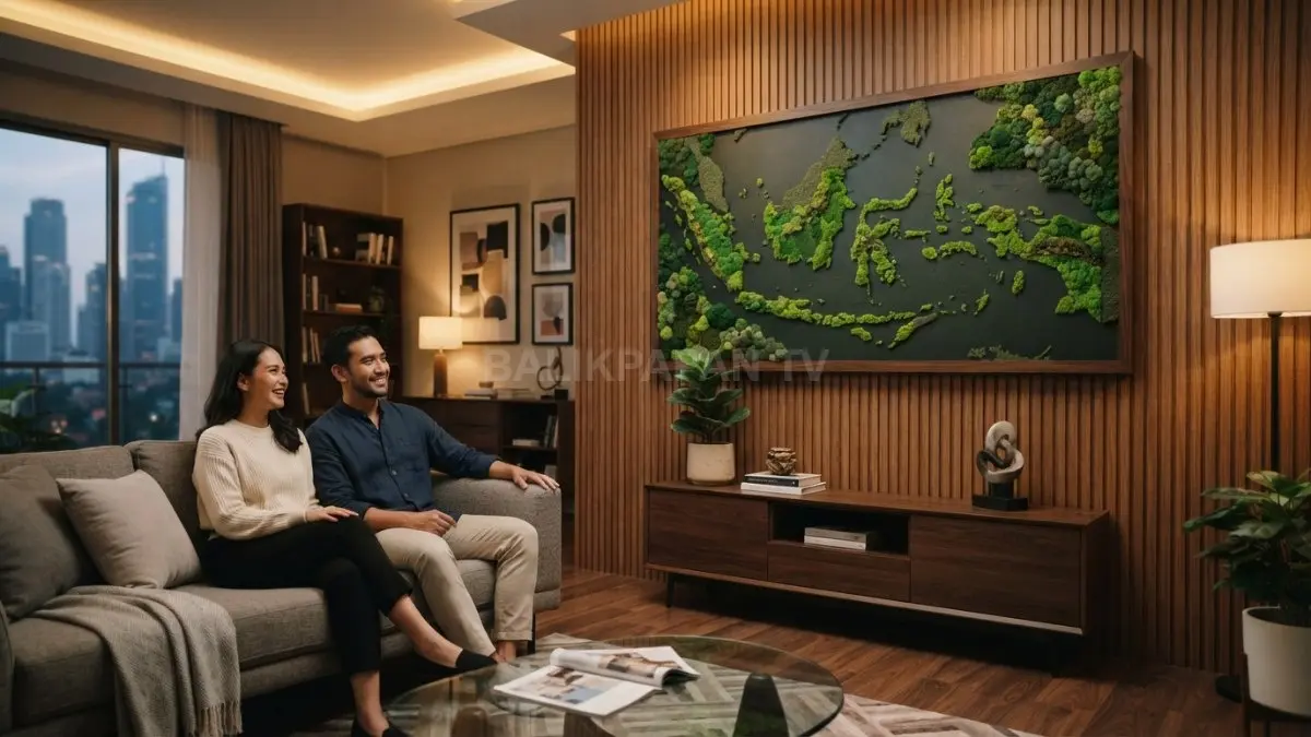 Interior ruang tamu modern dengan Moss Frame besar berbentuk peta Indonesia di dinding utama, dipadukan furnitur kayu dan pencahayaan hangat. (BTV/AI)
