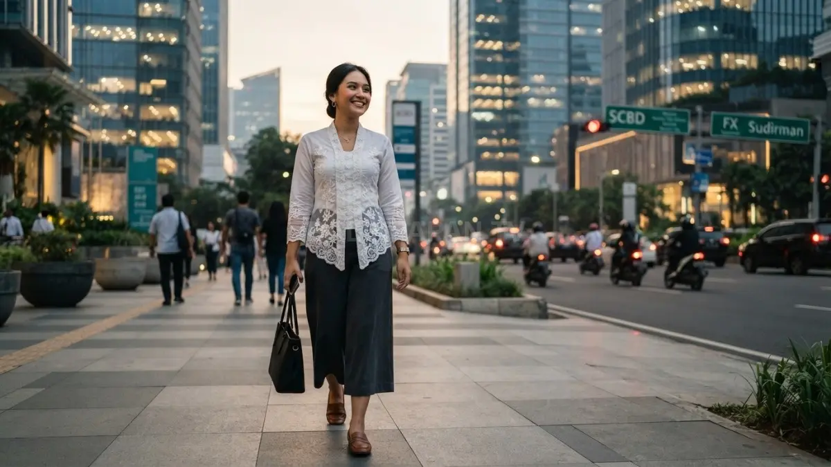 Kebaya encim dipadukan celana kulot menciptakan gaya modern, nyaman, praktis untuk aktivitas harian aktif. (BTV/AI)