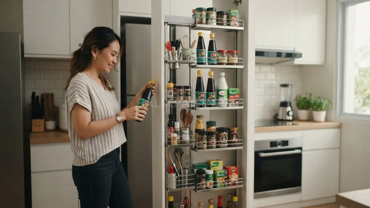 Kitchen set berpenyimpanan vertikal memaksimalkan ruang dapur agar peralatan tersusun rapi dan mudah dijangkau setiap hari (BTV/AI)