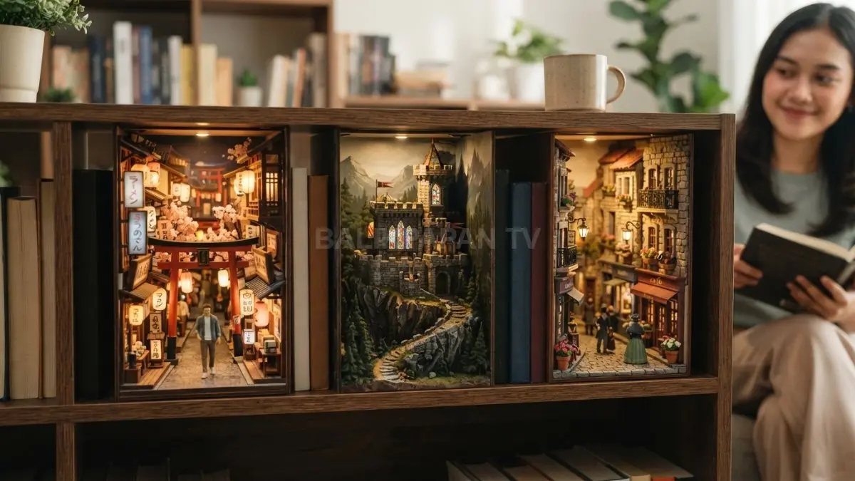 Koleksi book nook miniature dengan berbagai tema seperti Jepang, perpustakaan klasik, dan dunia fantasi yang menjadi tren dekorasi kreatif. (BTV/AI)