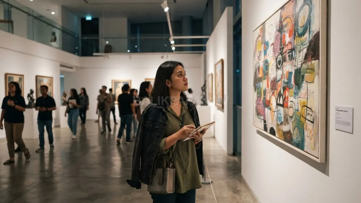 Koleksi lukisan kreatif menghiasi ruang museum dengan pencahayaan artistik, menampilkan karya seni bernilai budaya tinggi (BTV/AI)