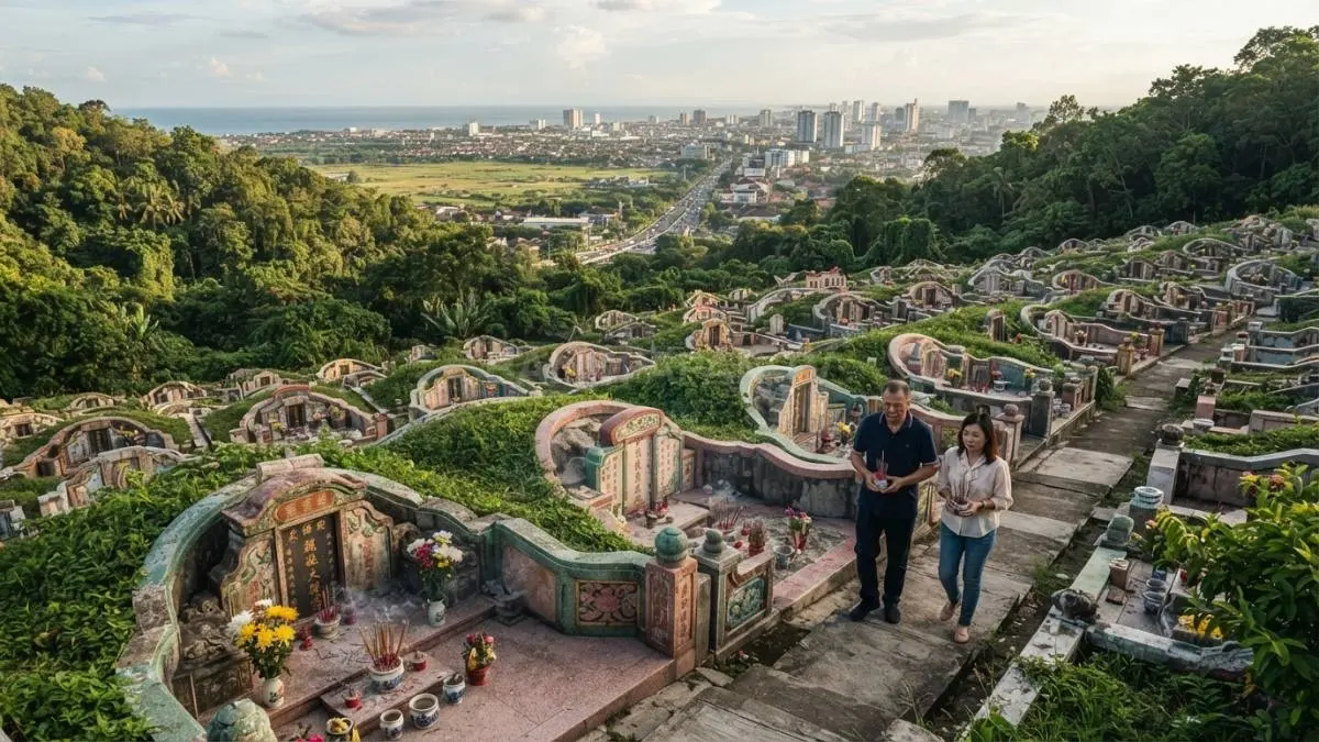 Kompleks makam Tionghoa di kawasan perbukitan. Posisi makam mengikuti kontur alam dan menjadi contoh penerapan prinsip feng shui dalam arsitektur lanskap. (BTV/AI)