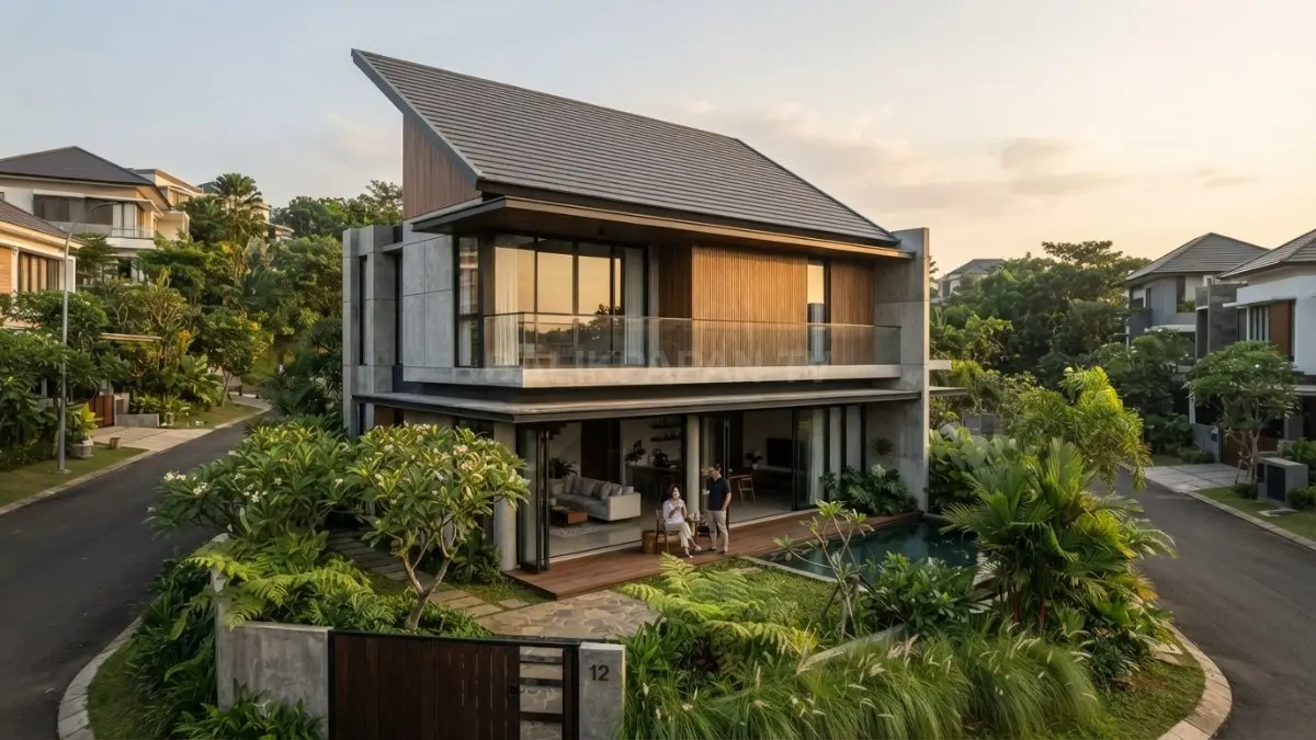 Konsep rumah minimalis beratap miring menciptakan hunian yang sejuk, terang, dan tetap bergaya modern setiap waktu (BTV/AI)