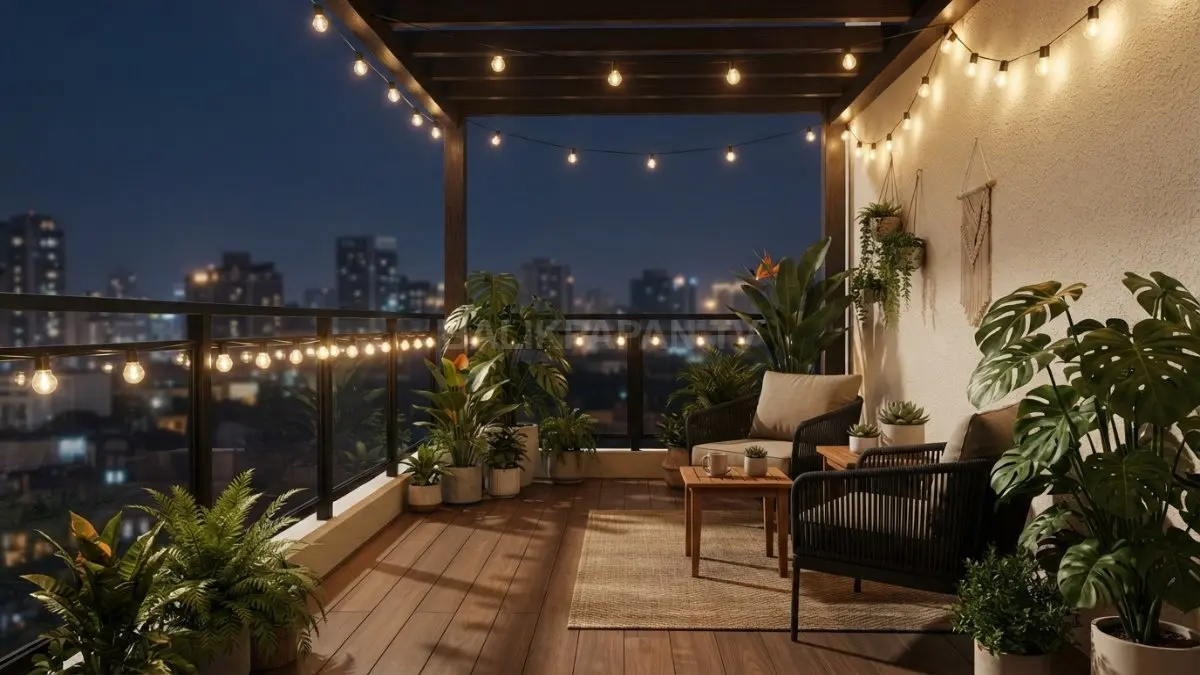 Lampu tumblr kuning hangat menciptakan suasana malam hari di balkon terasa lebih rileks dan dramatis. (BTV/Ai)