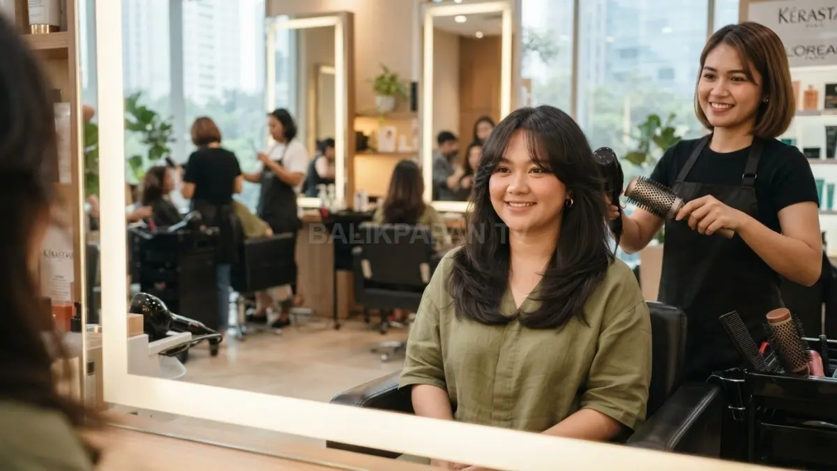 Layer panjang dan curtain bangs membantu wajah bulat tampak proporsional, seimbang, serta lebih jenjang alami. (BTV/AI)