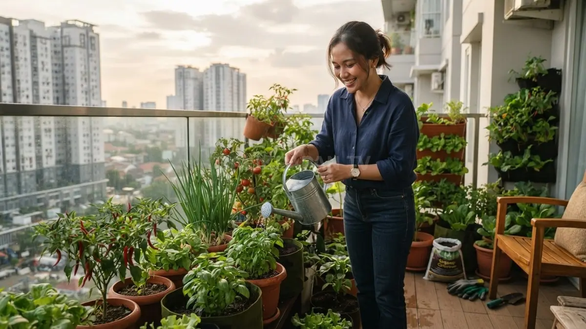 Menyiram tanaman sayur di balkon mendukung urban farming, relaksasi, gaya hidup hijau, dan ketahanan pangan keluarga. (BTV/AI)