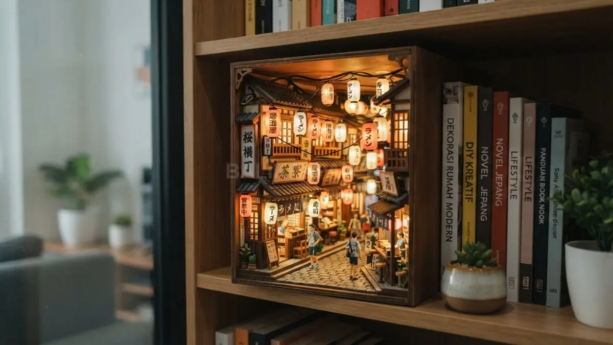 Miniatur book nook bertema jalan Jepang dengan lampion, toko kecil, dan detail arsitektur tradisional sebagai inspirasi dekorasi rumah. (BTV/AI)