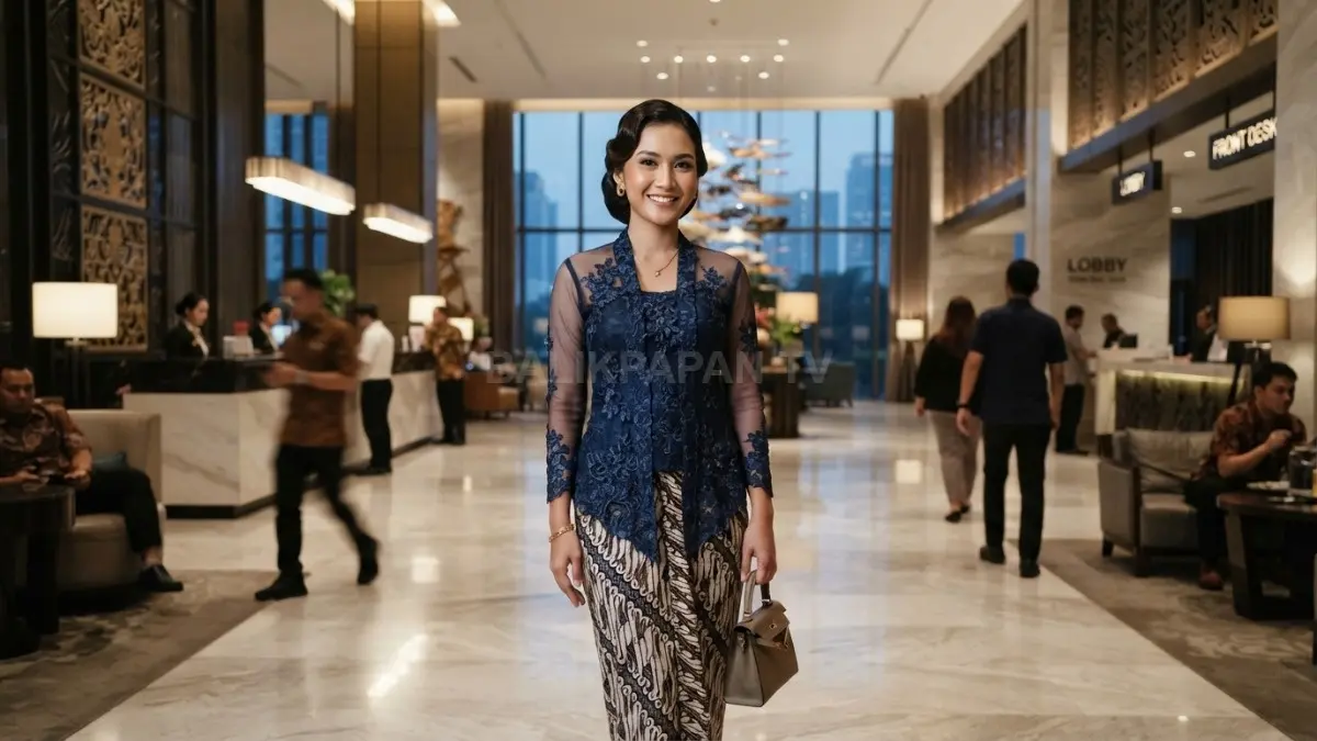 Model mengenakan kebaya encim modern dipadukan rok batik klasik tampil elegan dan kekinian (BTV/AI)