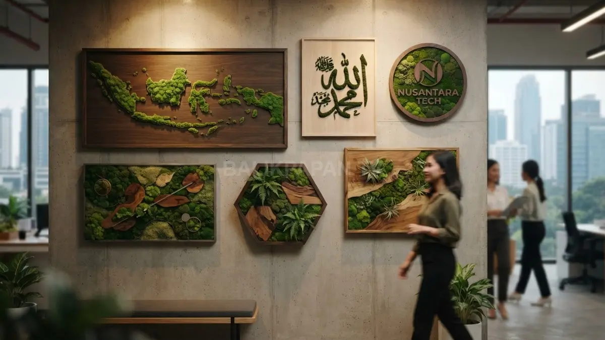 Moss Frame berbentuk kaligrafi dipasang pada dinding ruang keluarga bergaya Japandi dengan dekorasi minimalis. (BTV/AI)