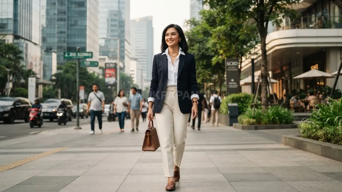 nspirasi gaya Old Money dengan blazer, kemeja putih, dan celana klasik untuk tampilan elegan. (BTV/AI)