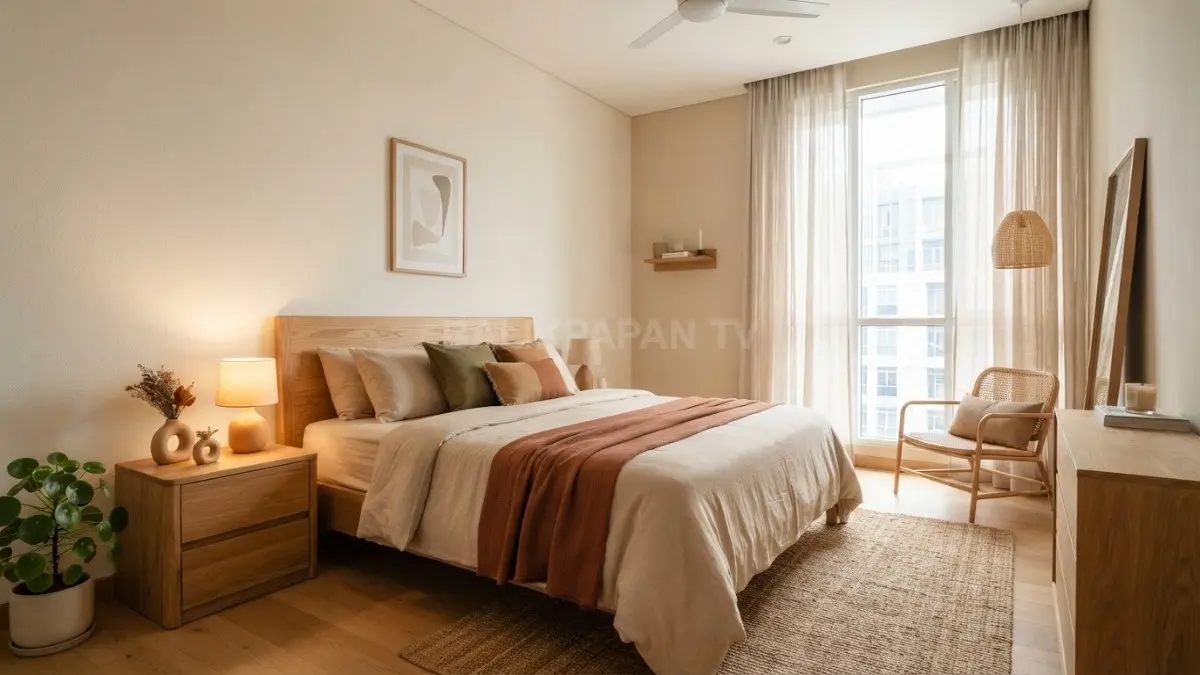 Palet warna bumi seperti krem, beige, dan terracotta menciptakan suasana kamar tidur yang hangat, nyaman, dan menenangkan. (BTV/AI)
