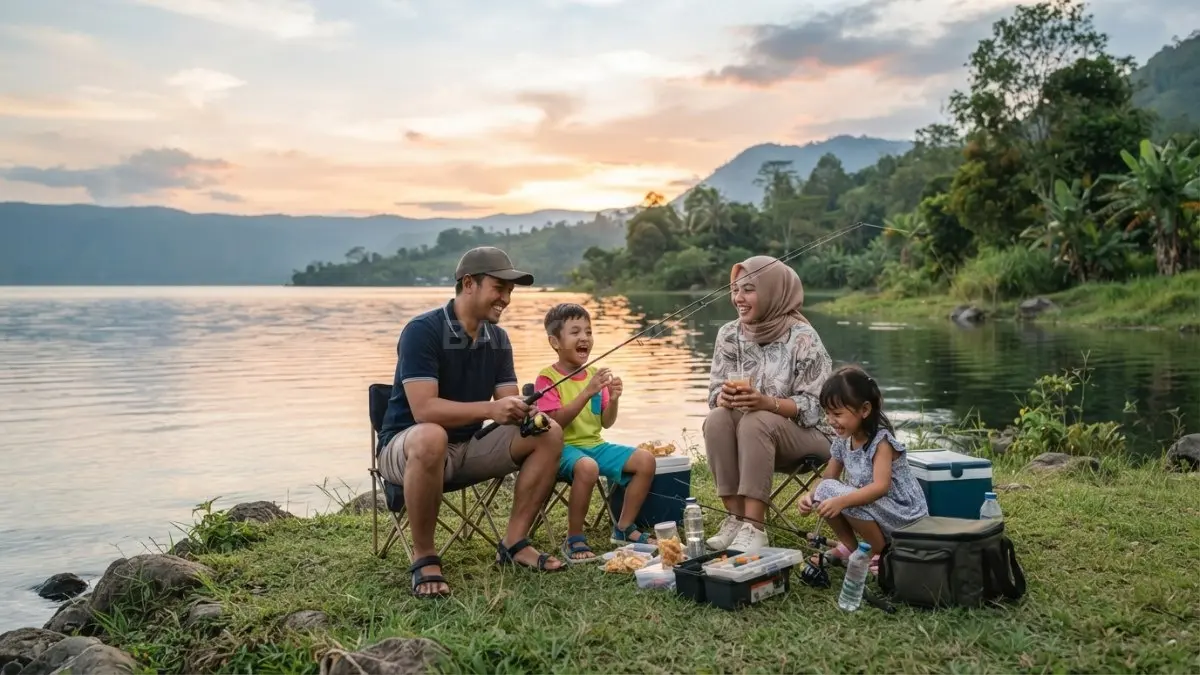 Pemancing menikmati suasana tenang di tepi danau sambil melepas penat bersama keluarga penuh kebahagiaan alami [BTV:AI]
