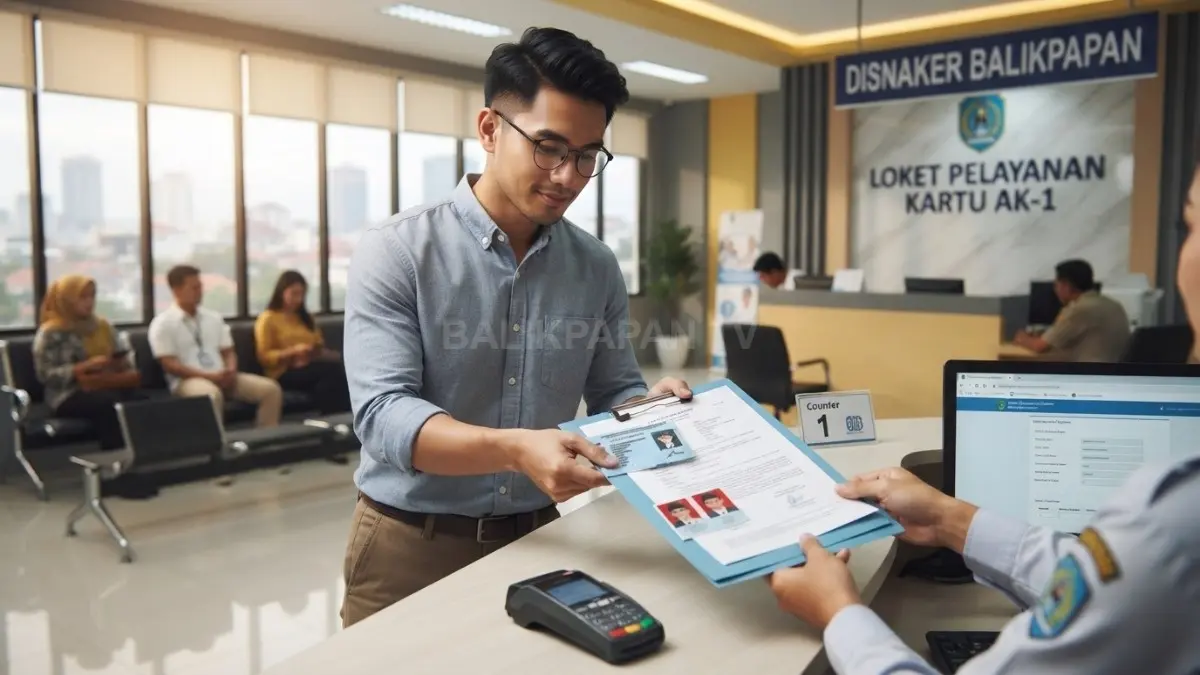 Pemohon menyerahkan dokumen persyaratan Kartu AK-1 di loket pelayanan Disnaker Balikpapan untuk verifikasi administrasi. (BTV/AI)
