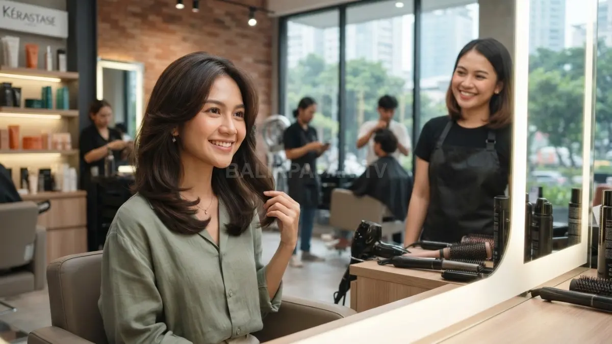 Penata rambut berkonsultasi menentukan model rambut terbaik sesuai bentuk wajah agar penampilan lebih seimbang dan menarik. (BTV/AI)