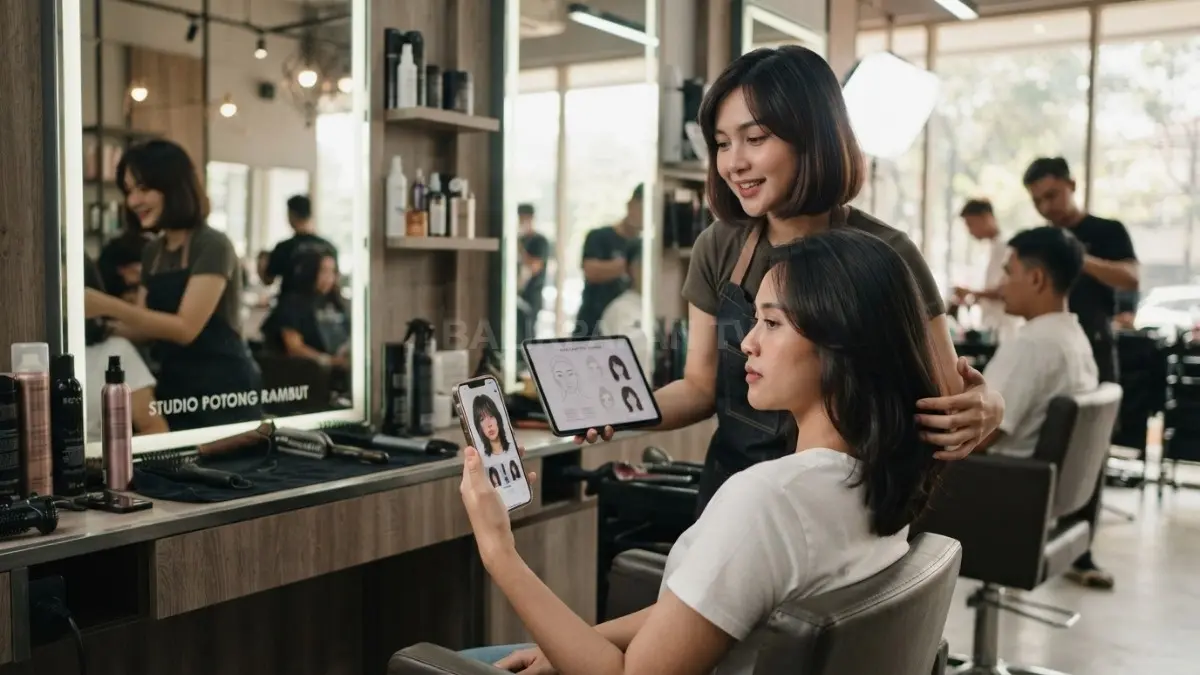 Penata rambut berkonsultasi menentukan model sesuai bentuk wajah, gaya hidup, dan referensi pelanggan sebelum memotong rambut. (BTV/AI)